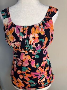 Ann Taylor Black Floral Scoop Neck Tank with Pink, Orange & Teal Accents